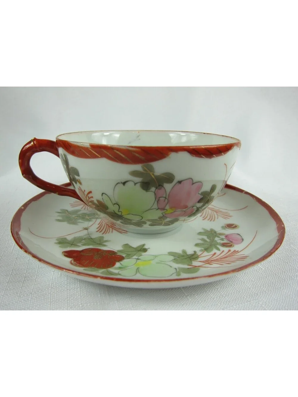 Antique Floral Red Pink Green & Gold Accent Tea Cup & Saucer Set Hand Painted